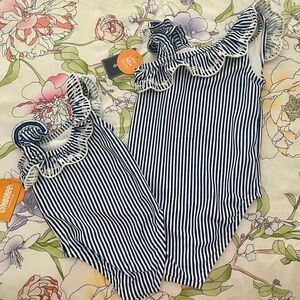 Gymboree Navy and White Striped Kids Swim One Piece
